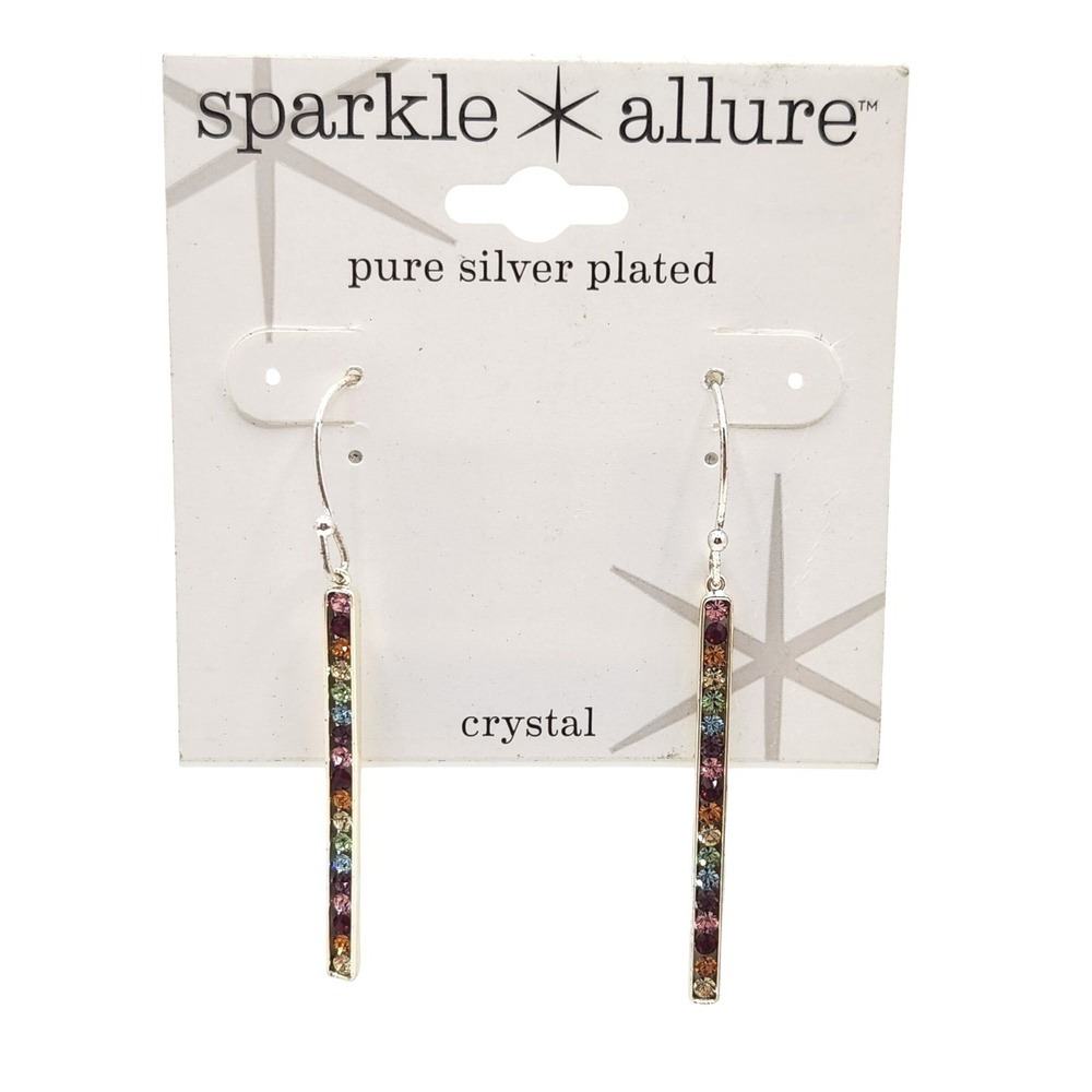 Glam Multi Crystal Rectangular Drop Earrings Silver Plated Minimalist